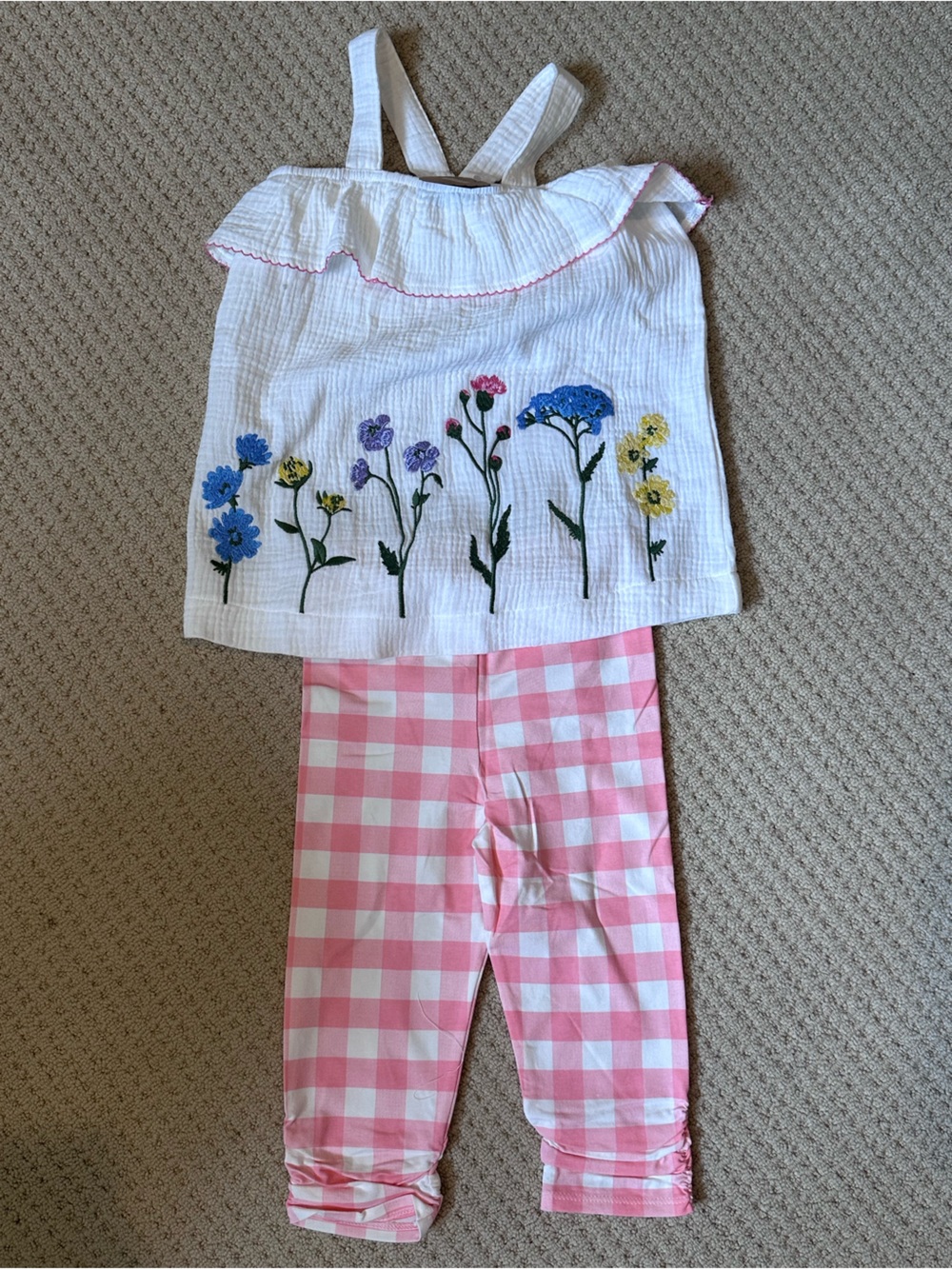Mud Pie Pink Gingham Legging Set with Embroidered Floral White Top